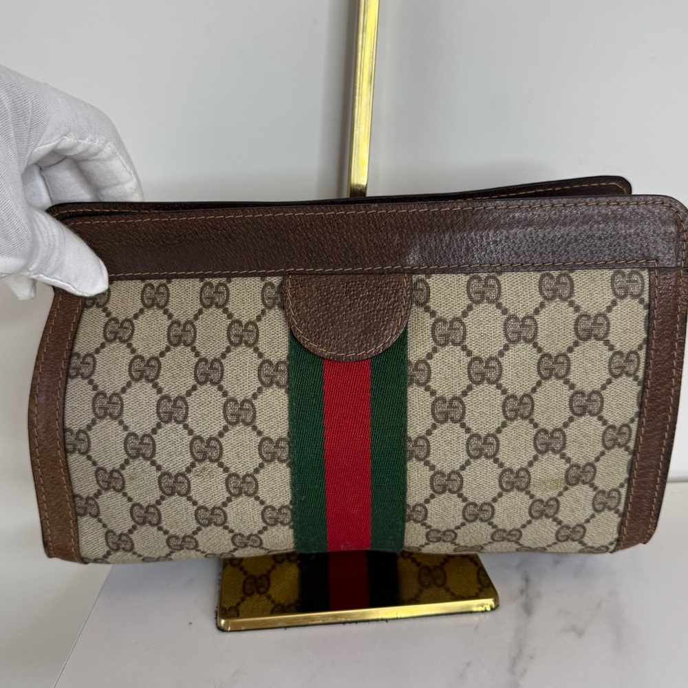 Gucci Brown Monogram Canvas Clutch with Green and Red Web Stripe - Picture 5 of 11
